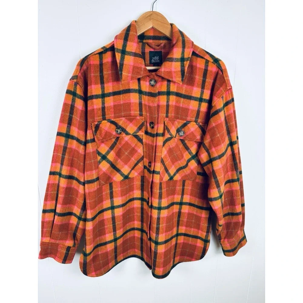 Wild Fable Women Sz M Flannel Shacket Plaid Orange Pink Shirt Jacket Wool Blend